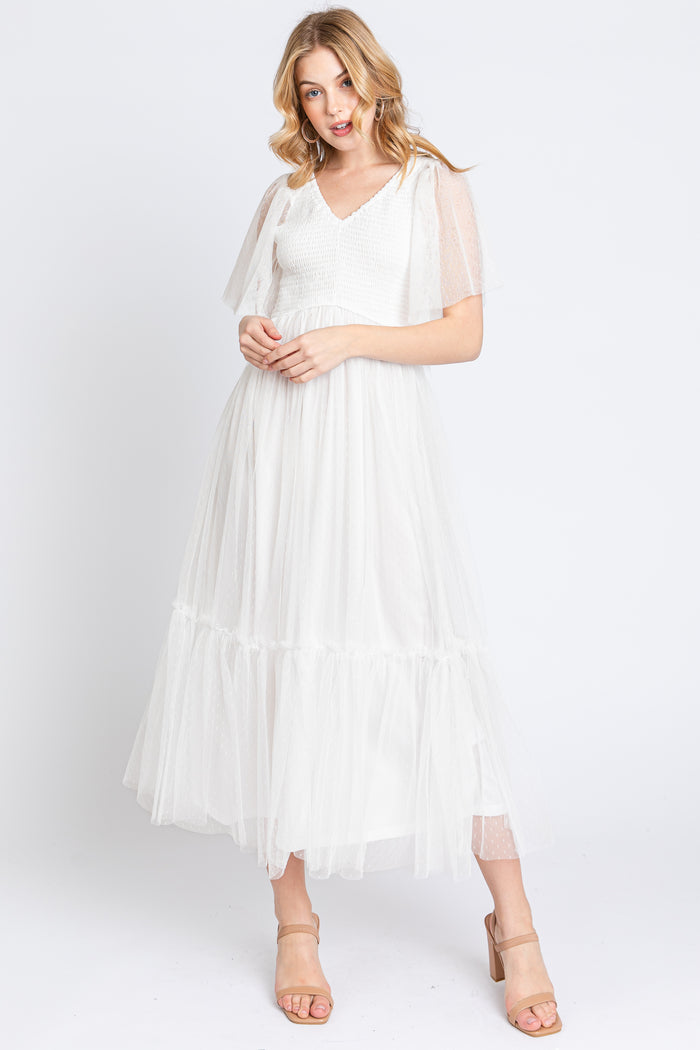White Dotted Tulle Smocked Maternity Midi Dress
