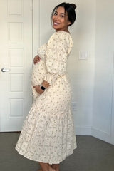 Beige Floral Square Neck Smocked Fringe Maternity Midi Dress