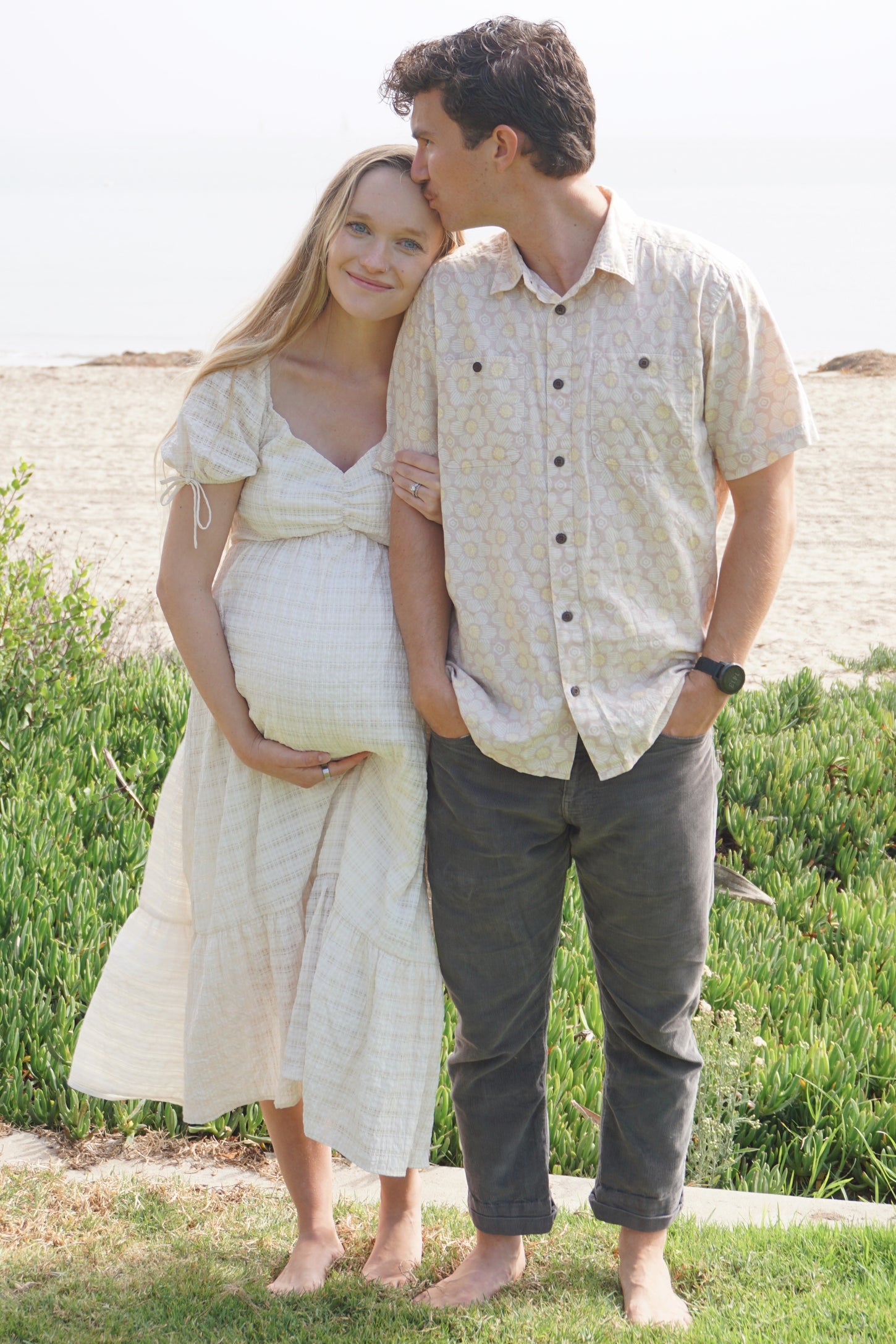 Ivory Textured Plaid Puff Short Sleeve Maternity Midi Dress