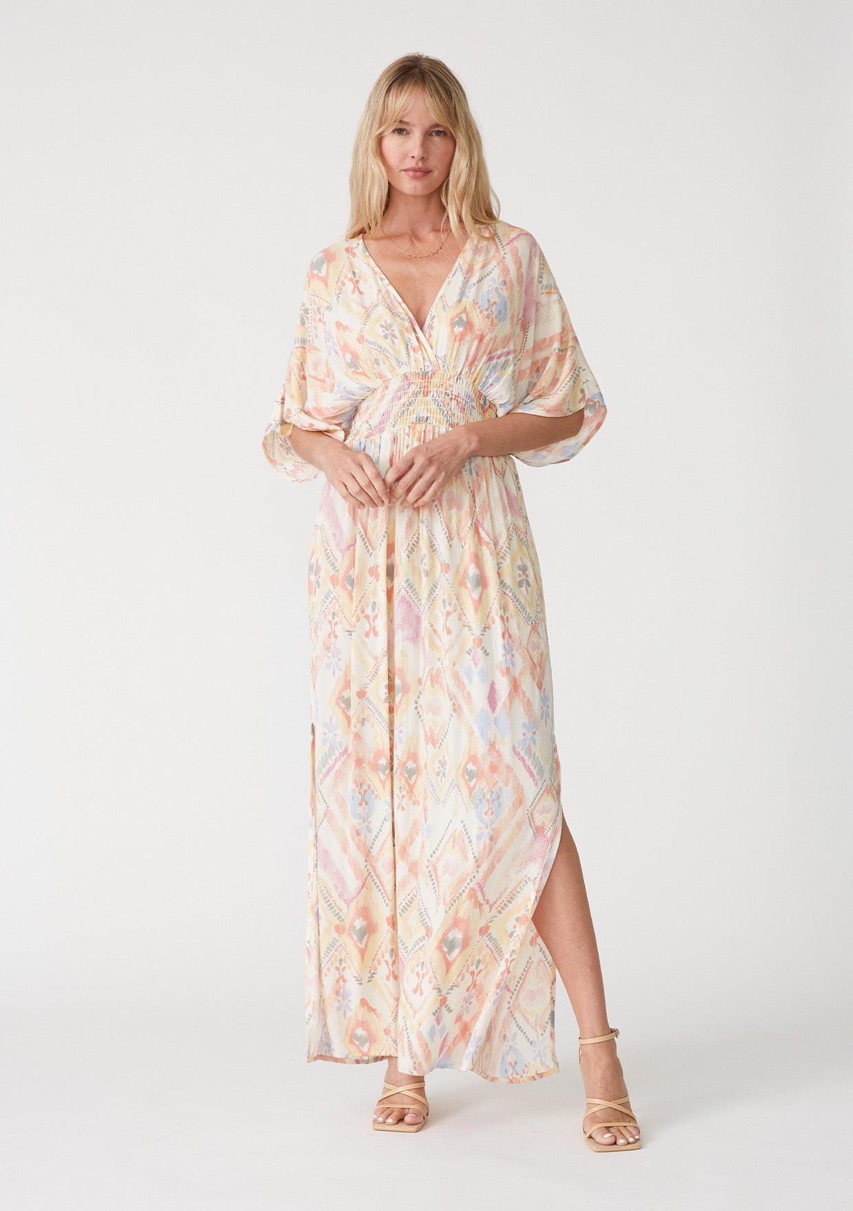 Ivory Printed Deep V-Neck Maxi Dress