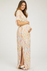 Ivory Printed Deep V-Neck Maternity Maxi Dress