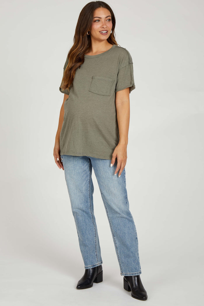 Olive Mineral Wash Front Pocket Short Sleeve Maternity T-Shirt