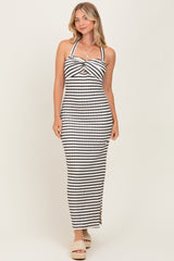 Ivory Striped Twist Front Halter Midi Dress