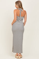 Ivory Striped Twist Front Halter Midi Dress