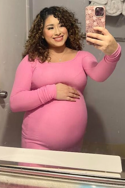 Pink Ribbed Long Sleeve Square Neck Maternity Maxi Dress