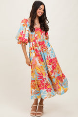 Fuchsia Leaf Print Puff Sleeve Smocked Midi Dress