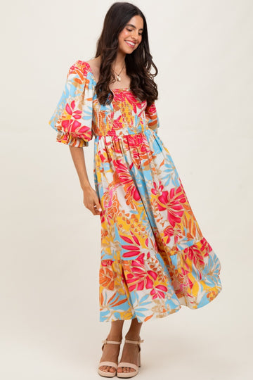 Fuchsia Leaf Print Puff Sleeve Smocked Midi Dress