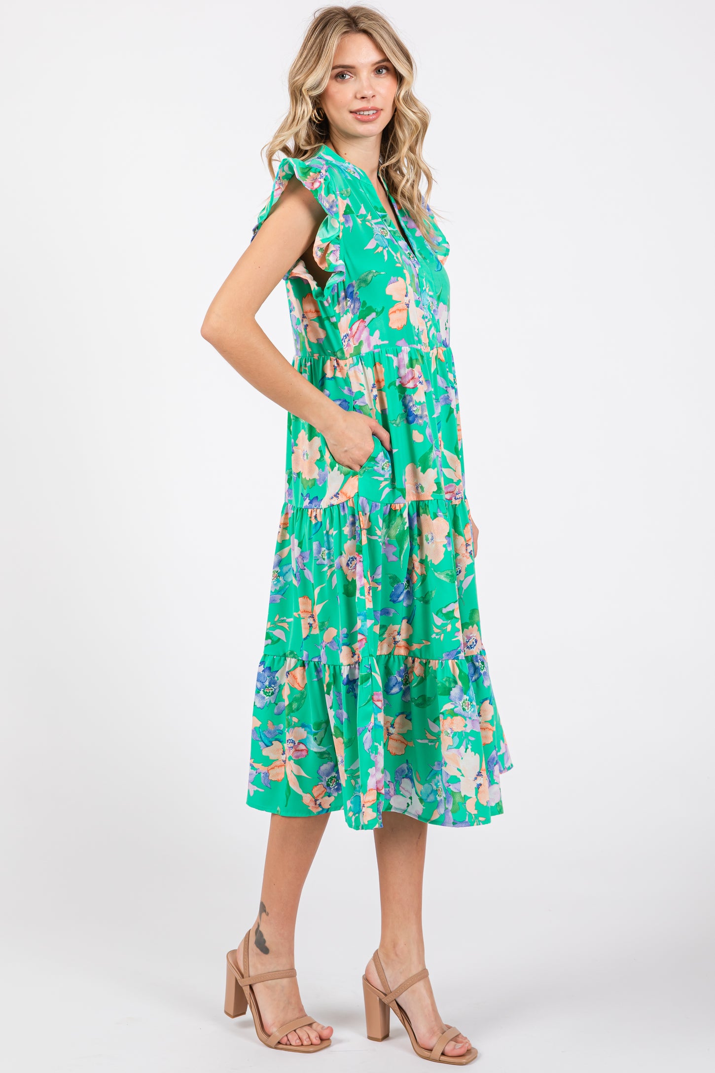 Green Floral Ruffle Tiered Dress