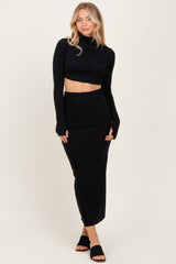Black Mock Neck Long Sleeve Crop Maternity Midi Skirt Set