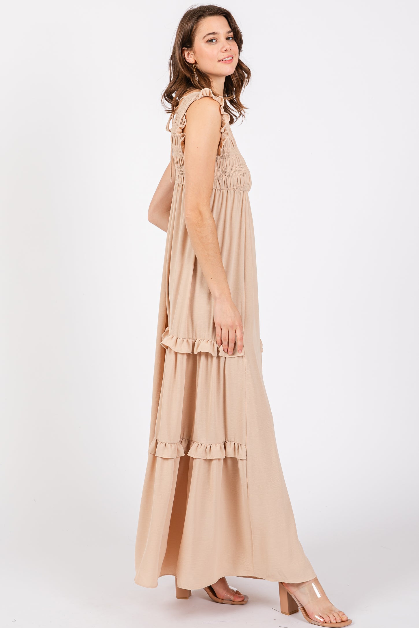Beige Smocked Ruffle V-Neck Maxi Dress
