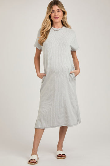 Grey Ribbed Short Dolman Sleeve Side Slit Maternity Midi Dress