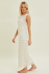 Beige Crochet Knit Sleeveless Midi Dress