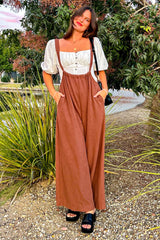 Mocha Ribbed Drawstring Wide Leg Maternity Jumpsuit