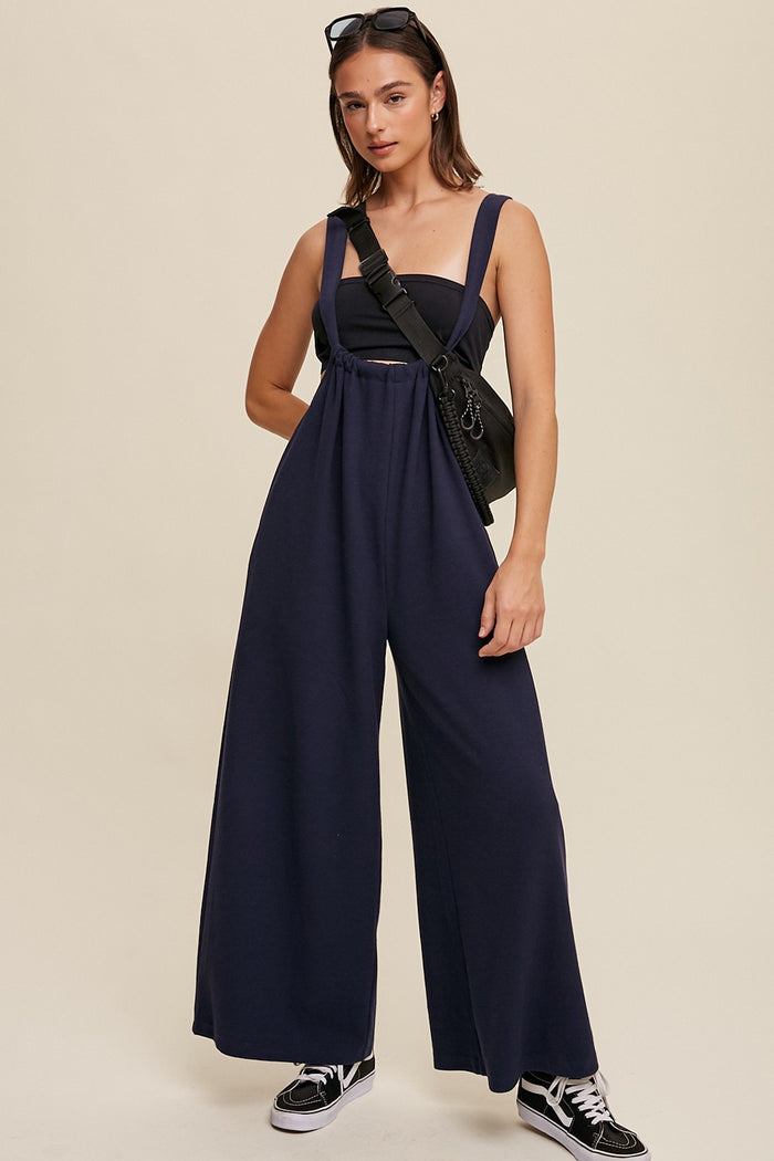 Navy Ribbed Drawstring Wide Leg Jumpsuit