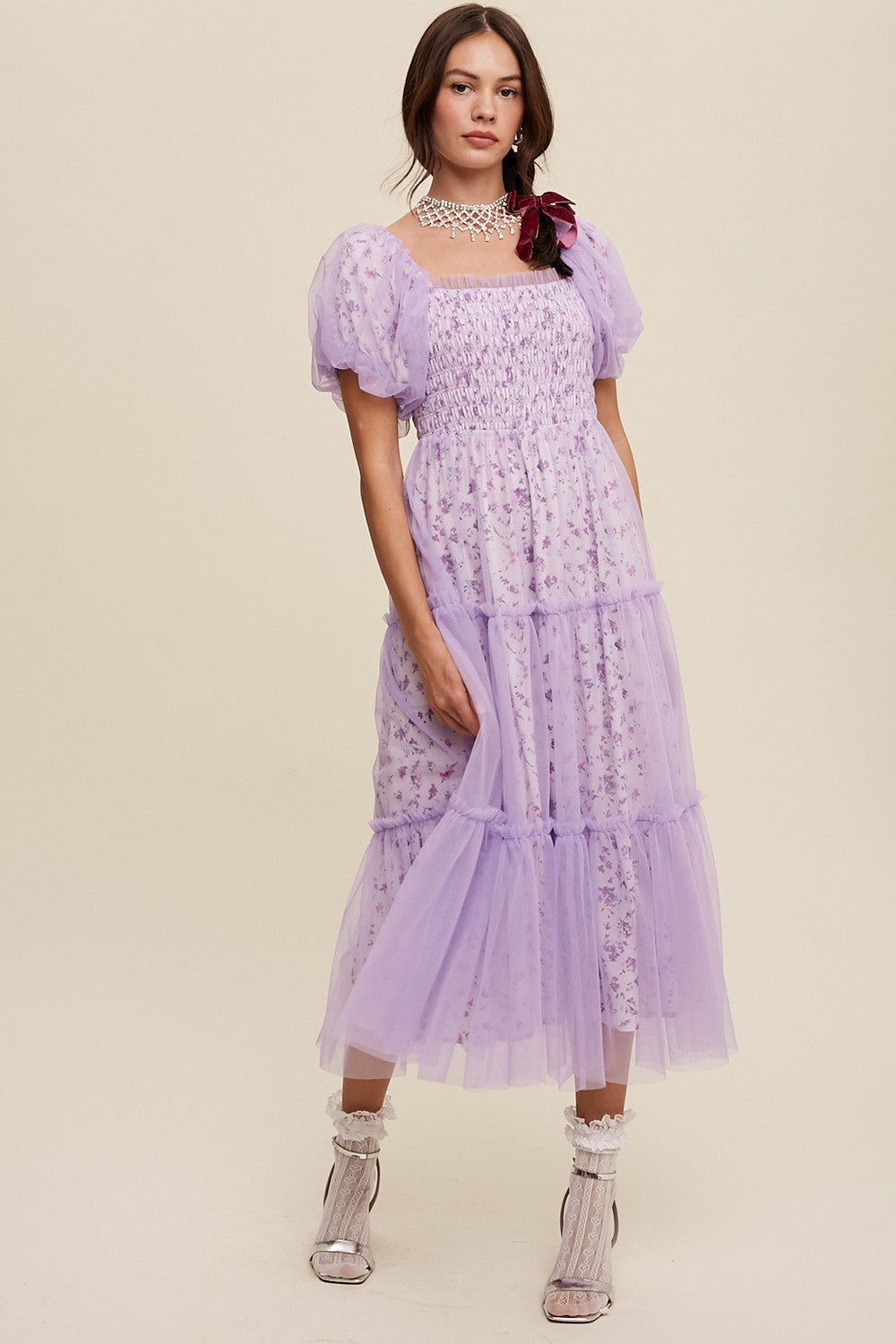 Lavender Floral Lined Smocked Tulle Maternity Midi Dress