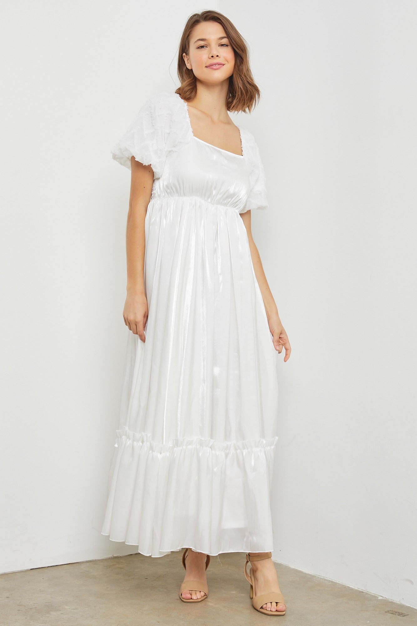 White Iridescent Textured Puff Sleeve Maternity Midi Dress
