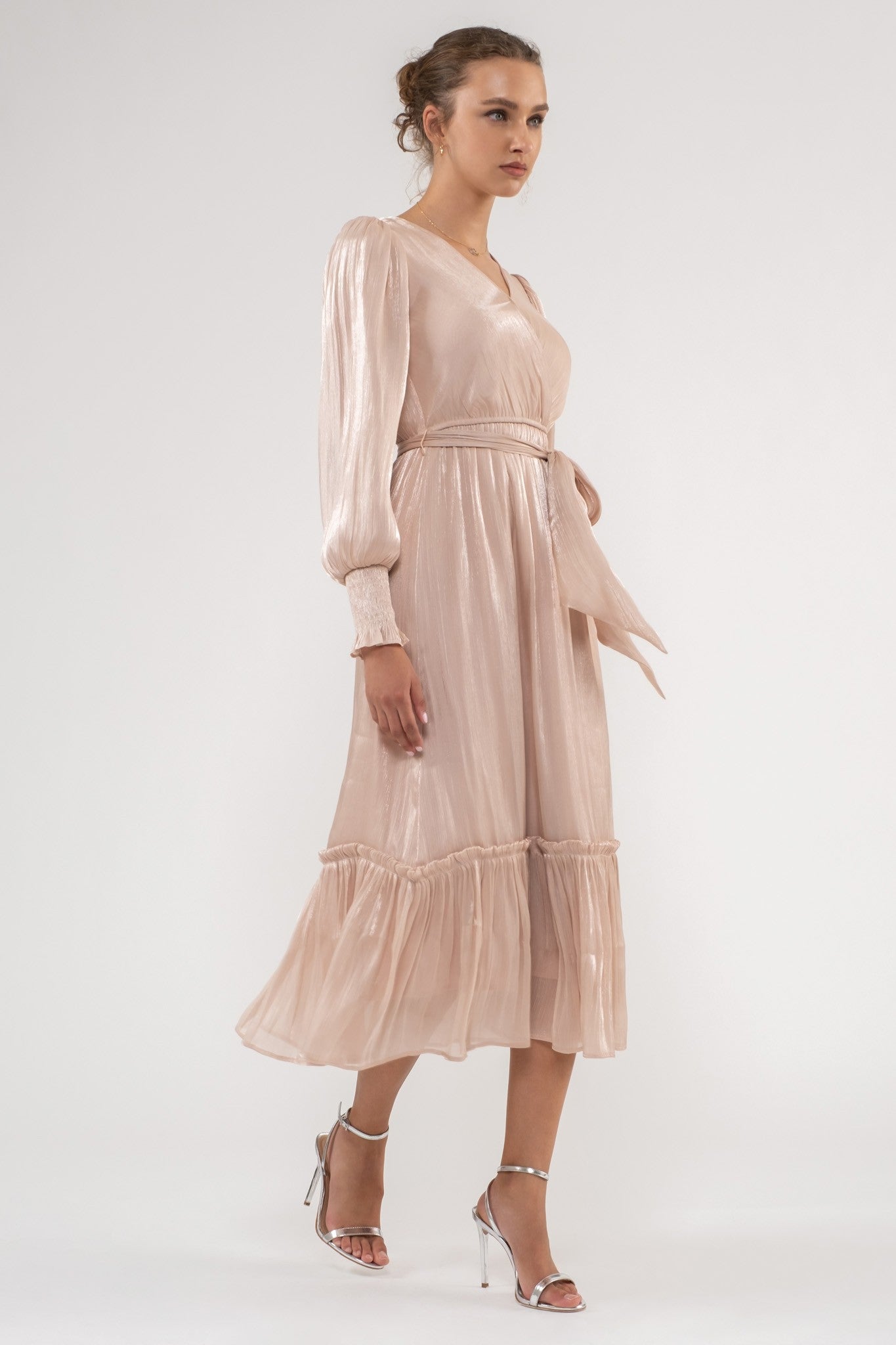 Champagne Surplice Belted Long Sleeve Midi Dress
