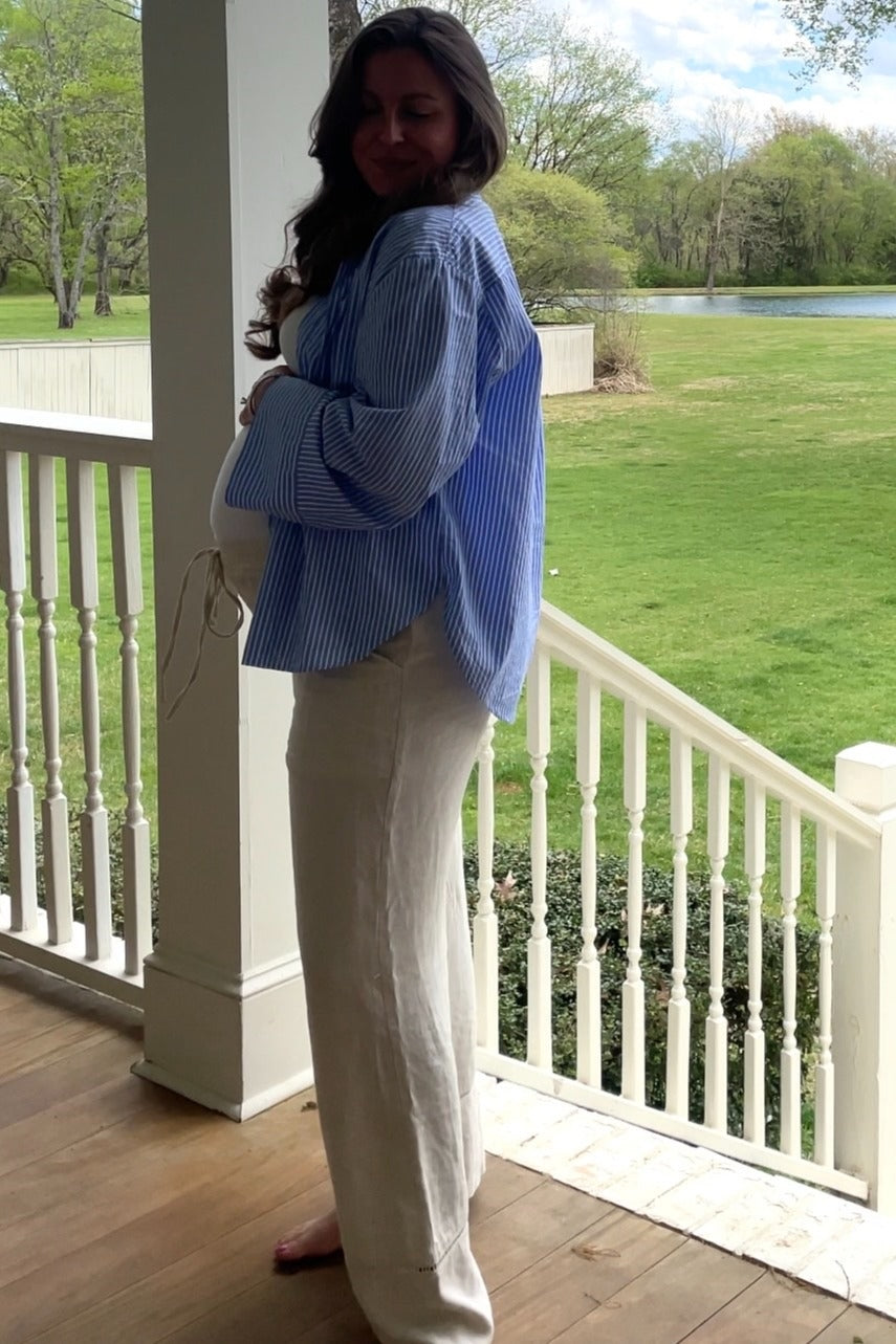 Beige Linen Wide Leg Lace Trim Maternity Pants