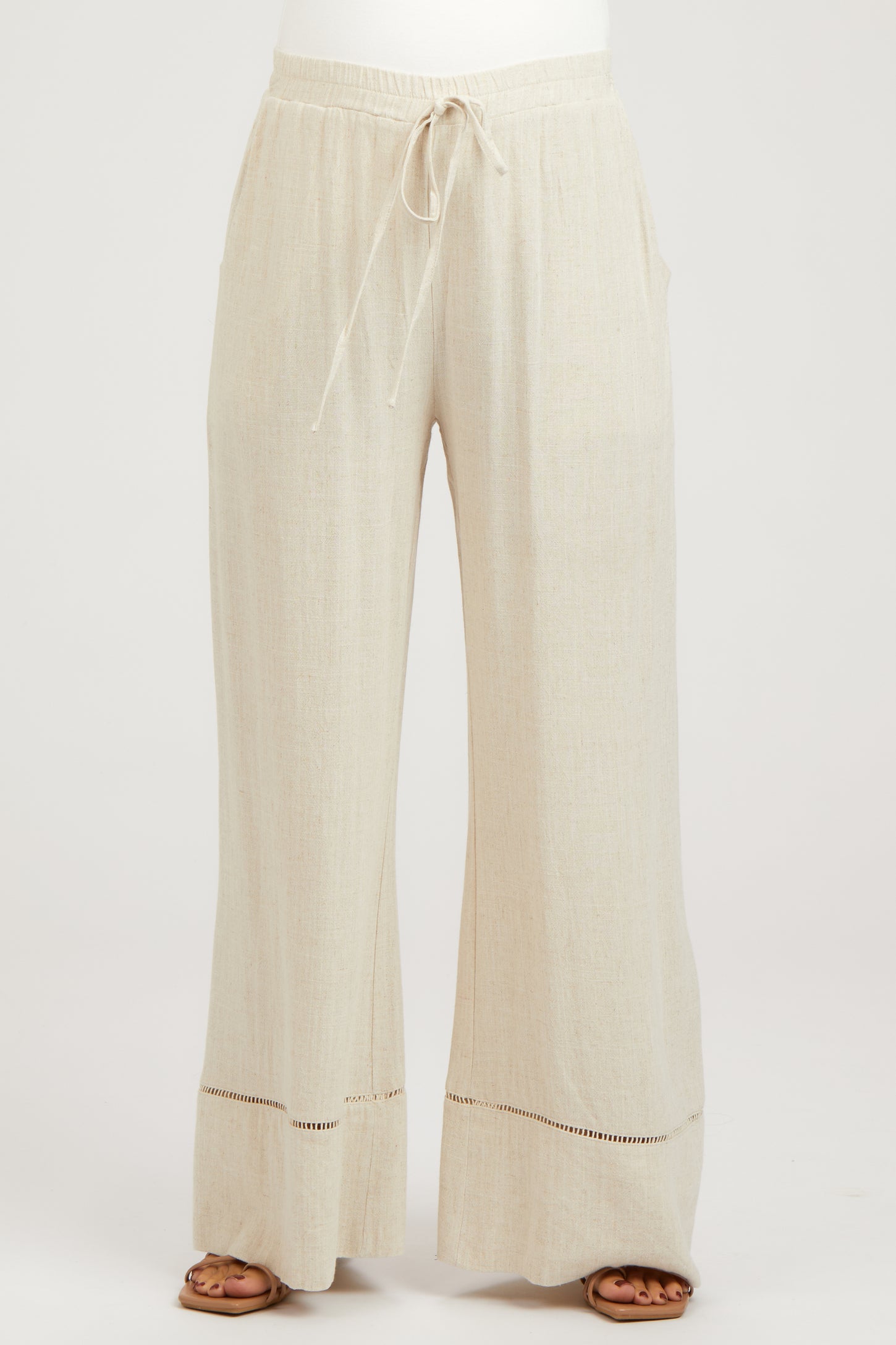 Beige Linen Wide Leg Lace Trim Maternity Pants