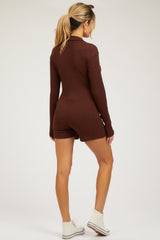 Brown Rib Knit Collared Maternity Romper