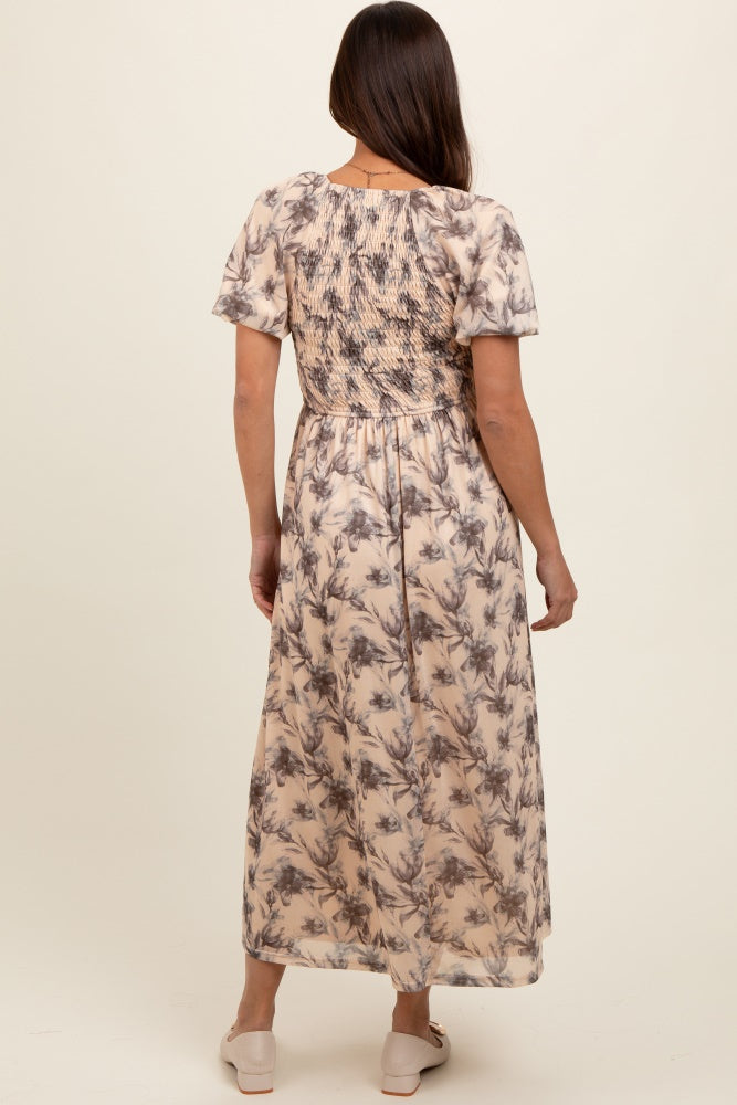 Cream Floral Smocked Short Puff Sleeve Maternity Midi Dress