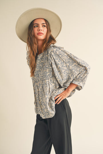 Blue Floral Ruffle Blouse