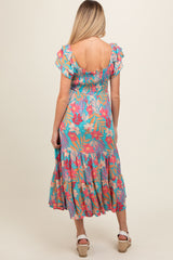 Turquoise Floral Ruffle Sleeve Maternity Midi Dress