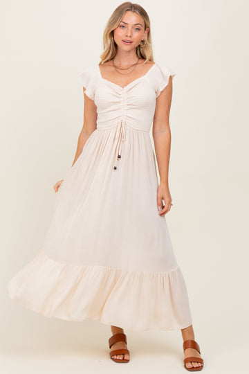 Beige Smocked Ruched Ruffle Hem Maxi Dress
