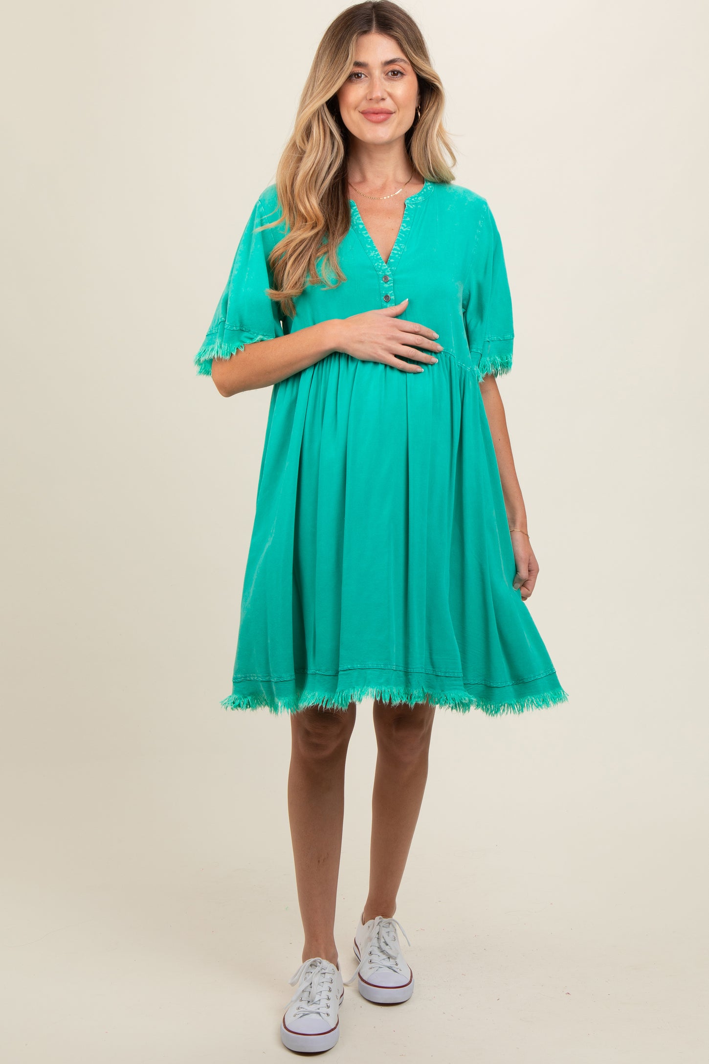 Jade Button Front Frayed Maternity Dress