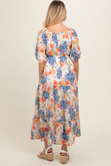 Navy Blue V-Neck Short Puff Sleeve Tiered Maternity Midi Dress