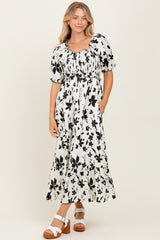 Cream Floral Puff Sleeve Midi Dress
