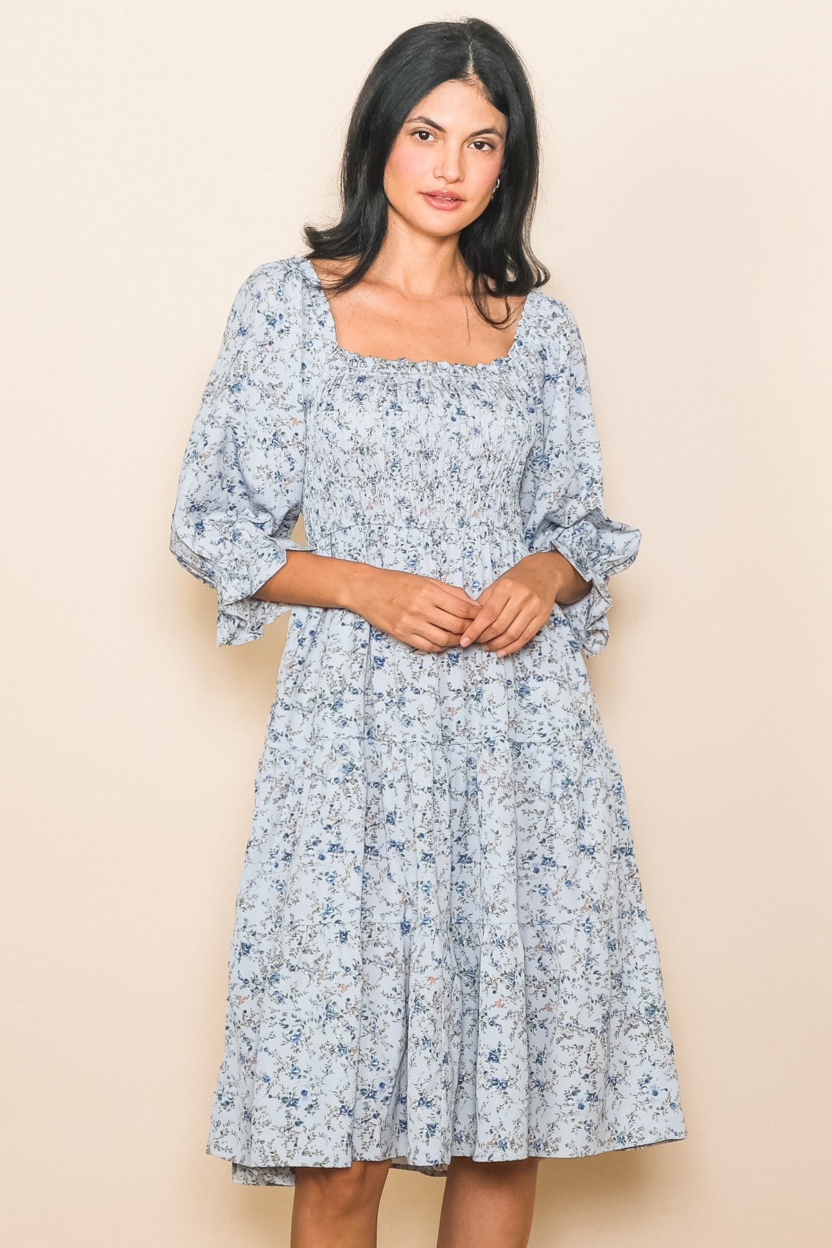 Light Blue Floral Smocked Maternity Knee Length Dress