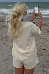 Cream Ribbed Short Sleeve Short Set