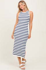 White Navy Striped Knit Sleeveless Side Slit Midi Dress