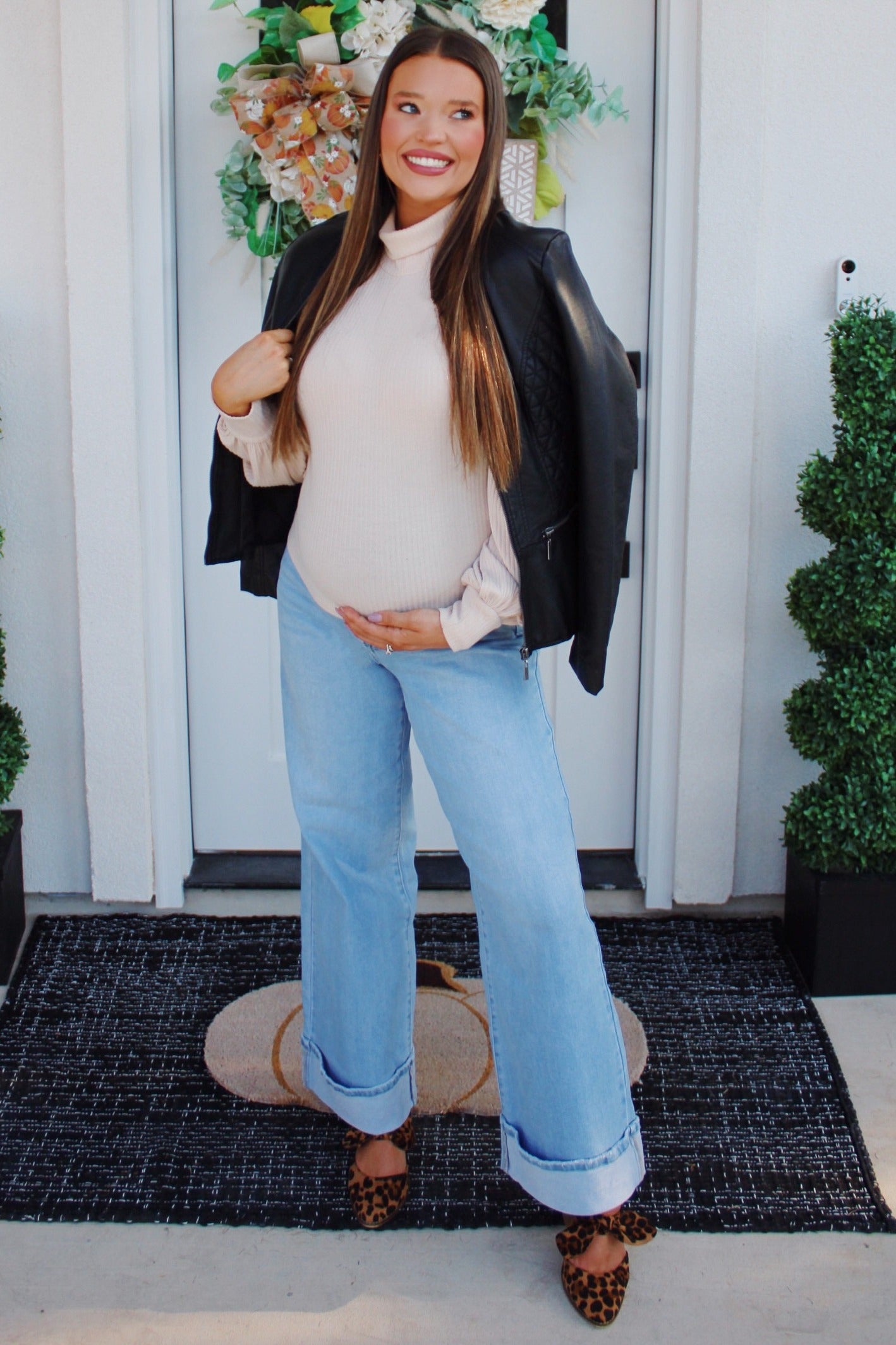 Light Blue Cuffed Maternity Wide Leg Jeans