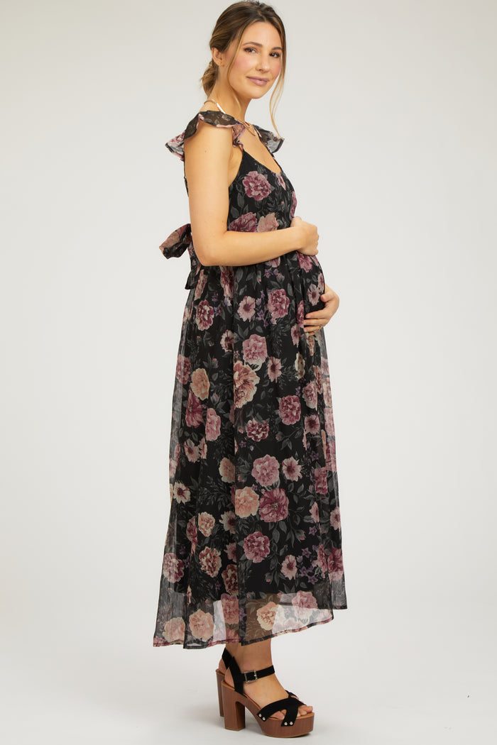Black Floral Chiffon Back Tie Maternity Maxi Dress
