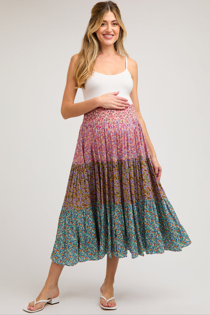 Mauve Floral Smocked Tiered A-Line Maternity Midi Skirt