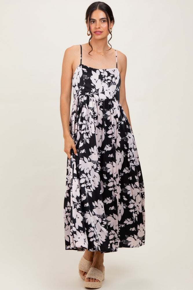 Black Leaf Print Satin Square Neck Midi Dress