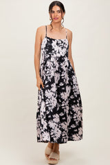 Black Leaf Print Satin Square Neck Midi Dress