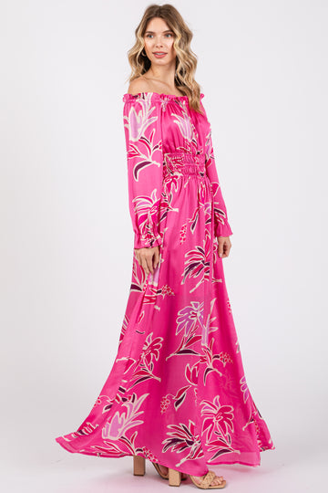 Fuchsia Floral Ruffle Neck Maxi Dress