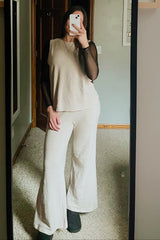 Beige Slub Knit Pants Set