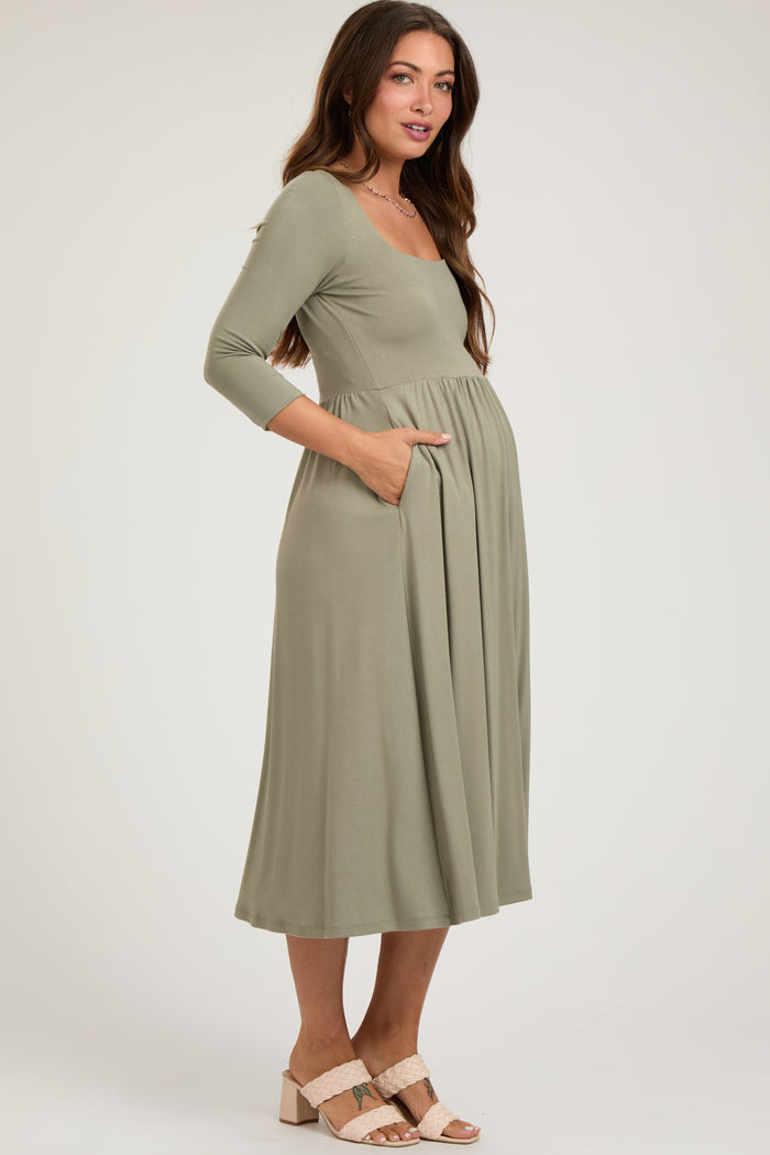 Light Olive Square Neck 3/4 Sleeve Maternity Midi Dress