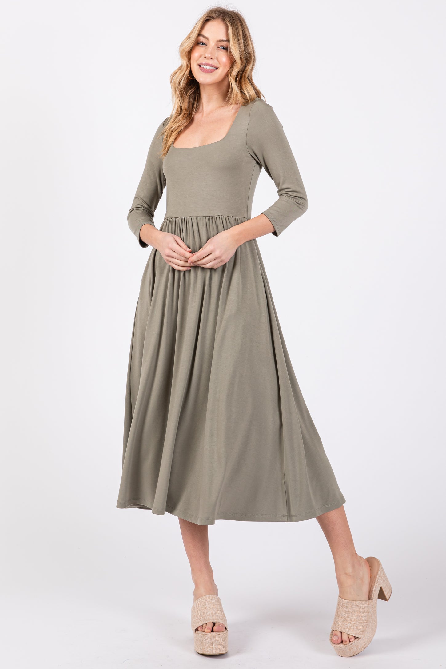 Light Olive Square Neck 3/4 Sleeve Maternity Midi Dress