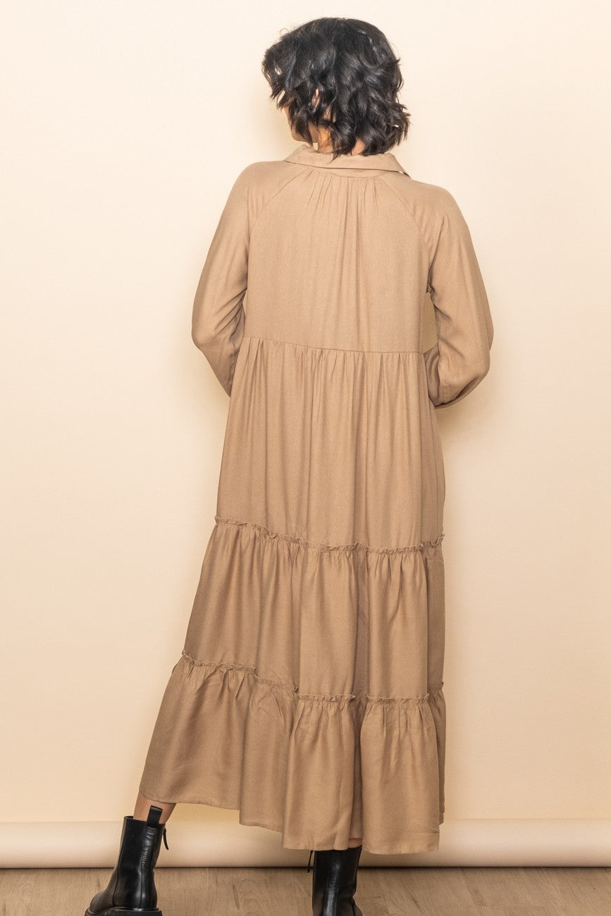 Taupe Button Front V-Neck Ruffle Tiered Midi Dress