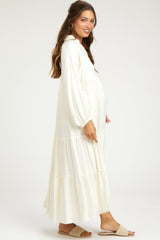 Ivory Button Front V-Neck Ruffle Tiered Maternity Midi Dress