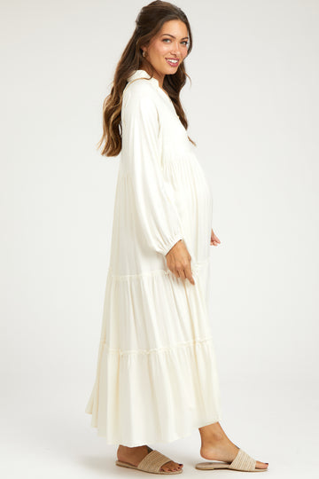 Ivory Button Front V-Neck Ruffle Tiered Maternity Midi Dress