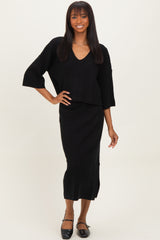 Black V-Neck Knit Skirt Set