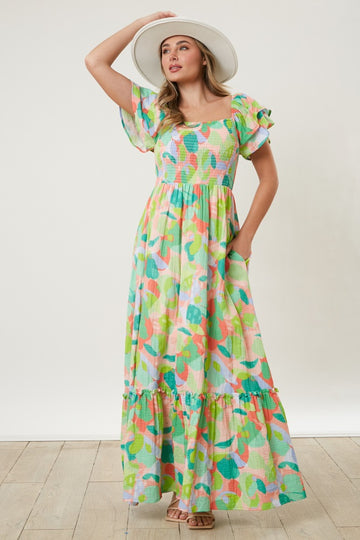Light Coral Smocked Ruffle Sleeve Maxi Dress