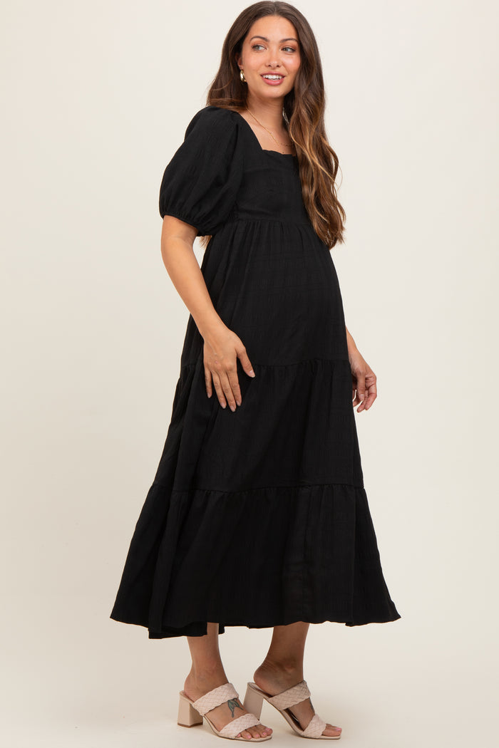 Black Textured Maternity Tiered Midi Dress
