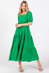 Green Textured Maternity Tiered Midi Dress